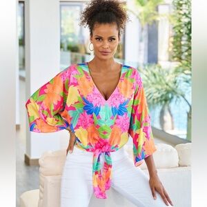 Boston Proper Floral V-Neck Tie-Front Blouse